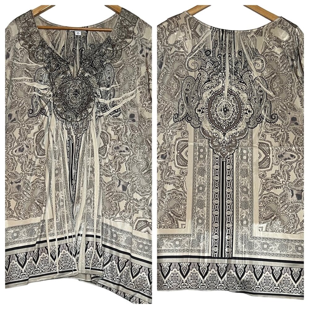 Croft & Barrow Women Plus 2X Paisley Print Tunic Embroidered Asymmetric Blousy